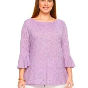 Cynthia Rowley Linen Women Tunic Shirt 1X Cottagecore Boho Bell Sleeve Purple‎
